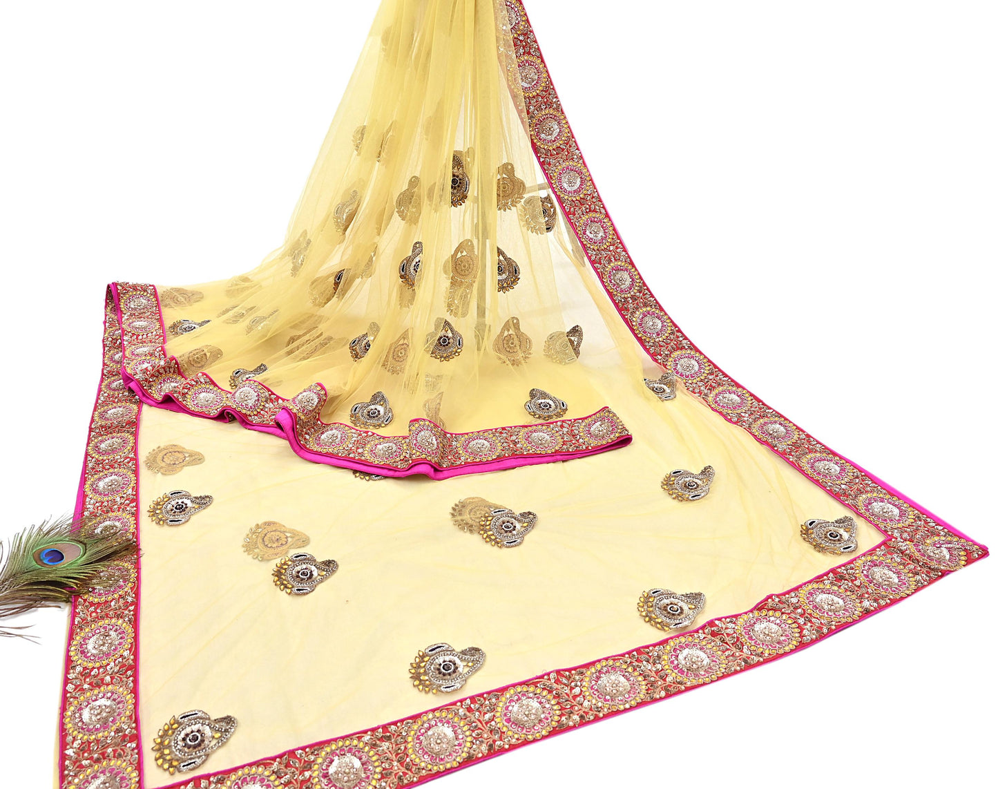 Indian Vintage Saree Yellow Mesh/Net Hand Embroidered Sabyasachi Designer Sari 6Yd Soft Ethnic Bollywood Party saree