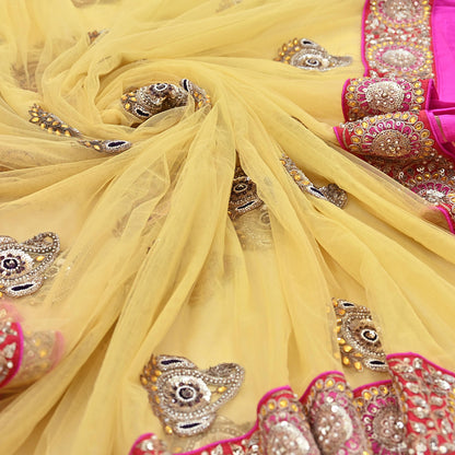 Indian Vintage Saree Yellow Mesh/Net Hand Embroidered Sabyasachi Designer Sari 6Yd Soft Ethnic Bollywood Party saree