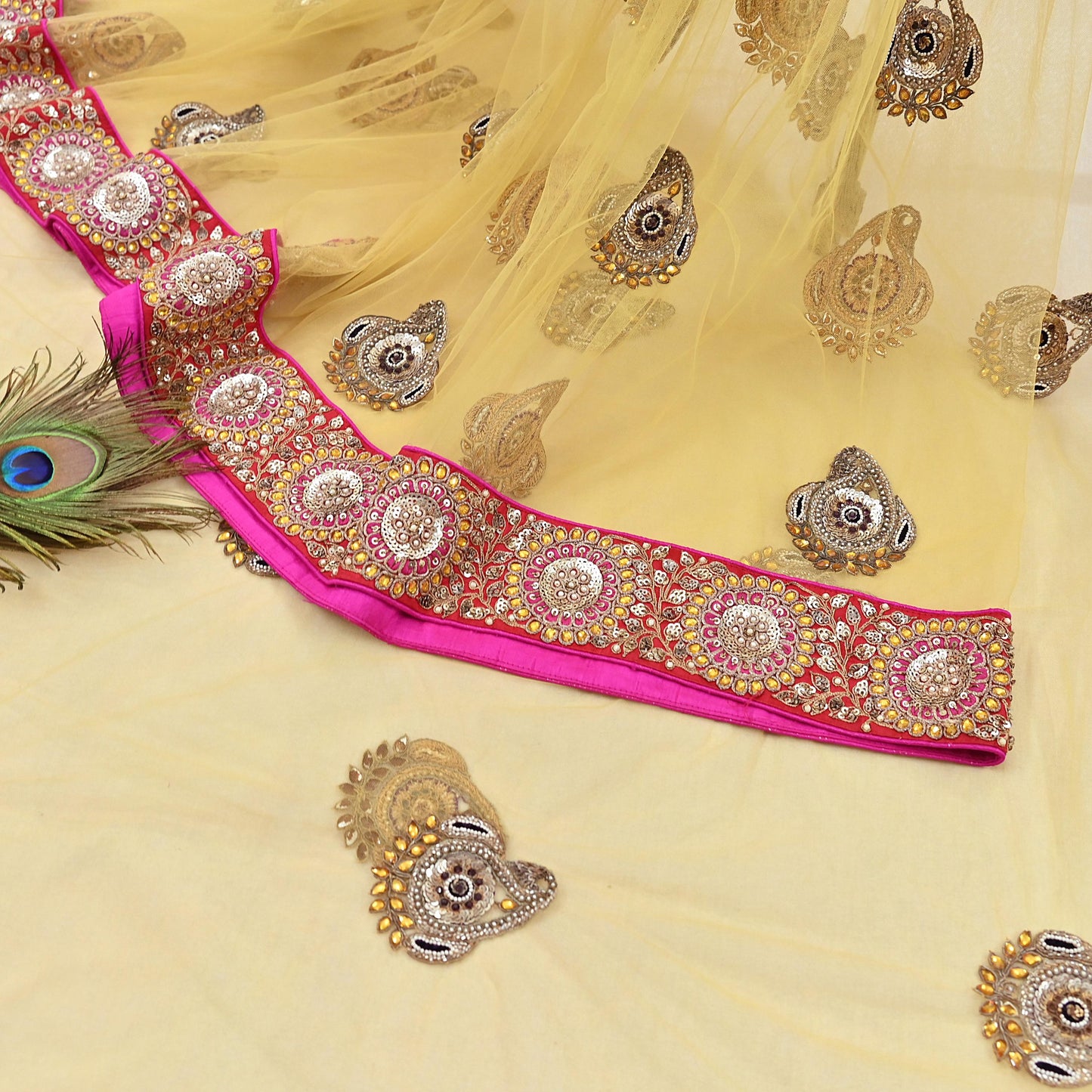 Indian Vintage Saree Yellow Mesh/Net Hand Embroidered Sabyasachi Designer Sari 6Yd Soft Ethnic Bollywood Party saree