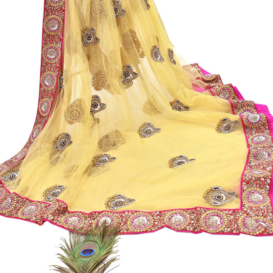 Indian Vintage Saree Yellow Mesh/Net Hand Embroidered Sabyasachi Designer Sari 6Yd Soft Ethnic Bollywood Party saree
