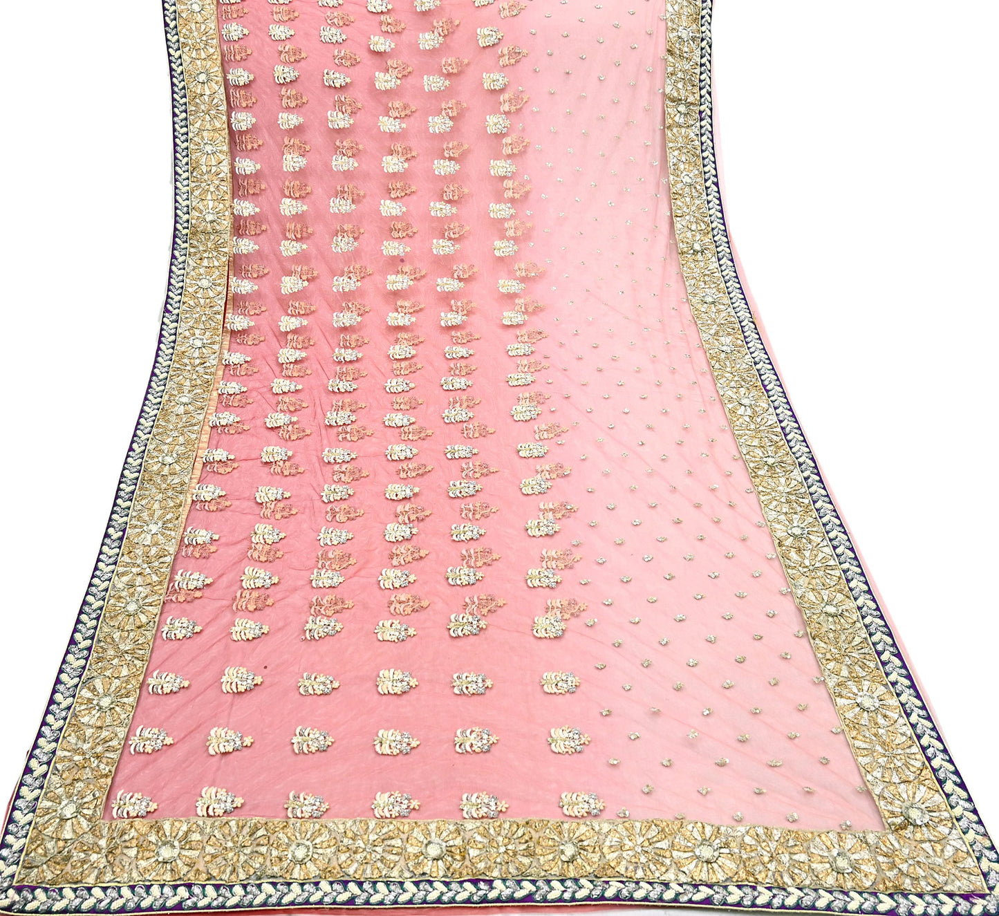 Indian Pre-Owned Sari Red & Peach Net/Mesh Hand Embroidered Designer Manish Malhotra Sarees 5Yd Ethnic Zardozi/Dabka Zari Wedding Saree