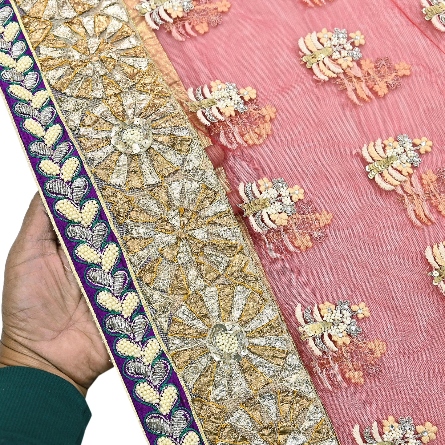 Indian Pre-Owned Sari Red & Peach Net/Mesh Hand Embroidered Designer Manish Malhotra Sarees 5Yd Ethnic Zardozi/Dabka Zari Wedding Saree