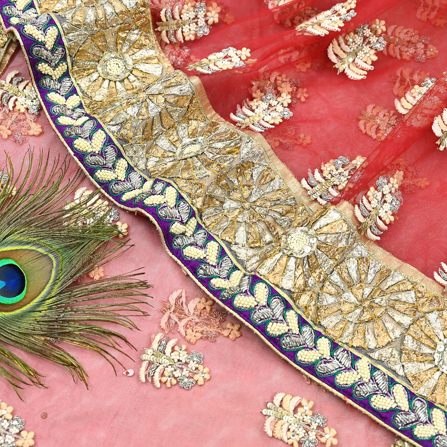 Indian Pre-Owned Sari Red & Peach Net/Mesh Hand Embroidered Designer Manish Malhotra Sarees 5Yd Ethnic Zardozi/Dabka Zari Wedding Saree