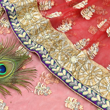 Indian Pre-Owned Sari Red & Peach Net/Mesh Hand Embroidered Designer Manish Malhotra Sarees 5Yd Ethnic Zardozi/Dabka Zari Wedding Saree
