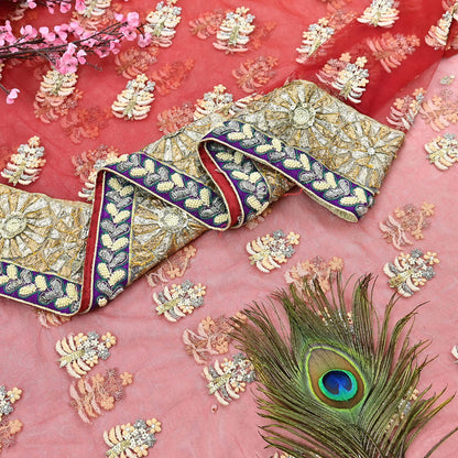 Indian Pre-Owned Sari Red & Peach Net/Mesh Hand Embroidered Designer Manish Malhotra Sarees 5Yd Ethnic Zardozi/Dabka Zari Wedding Saree