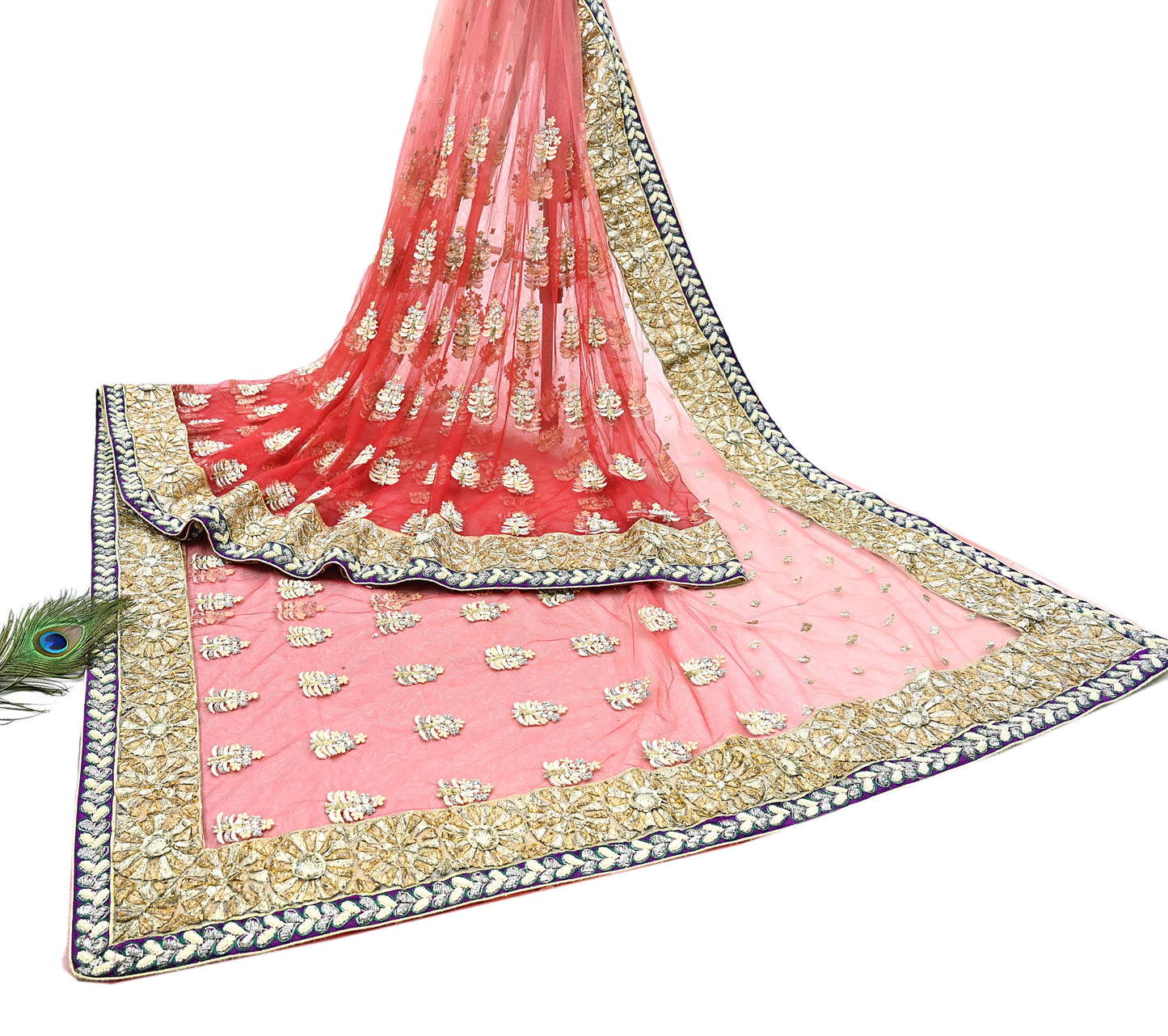 Indian Pre-Owned Sari Red & Peach Net/Mesh Hand Embroidered Designer Manish Malhotra Sarees 5Yd Ethnic Zardozi/Dabka Zari Wedding Saree