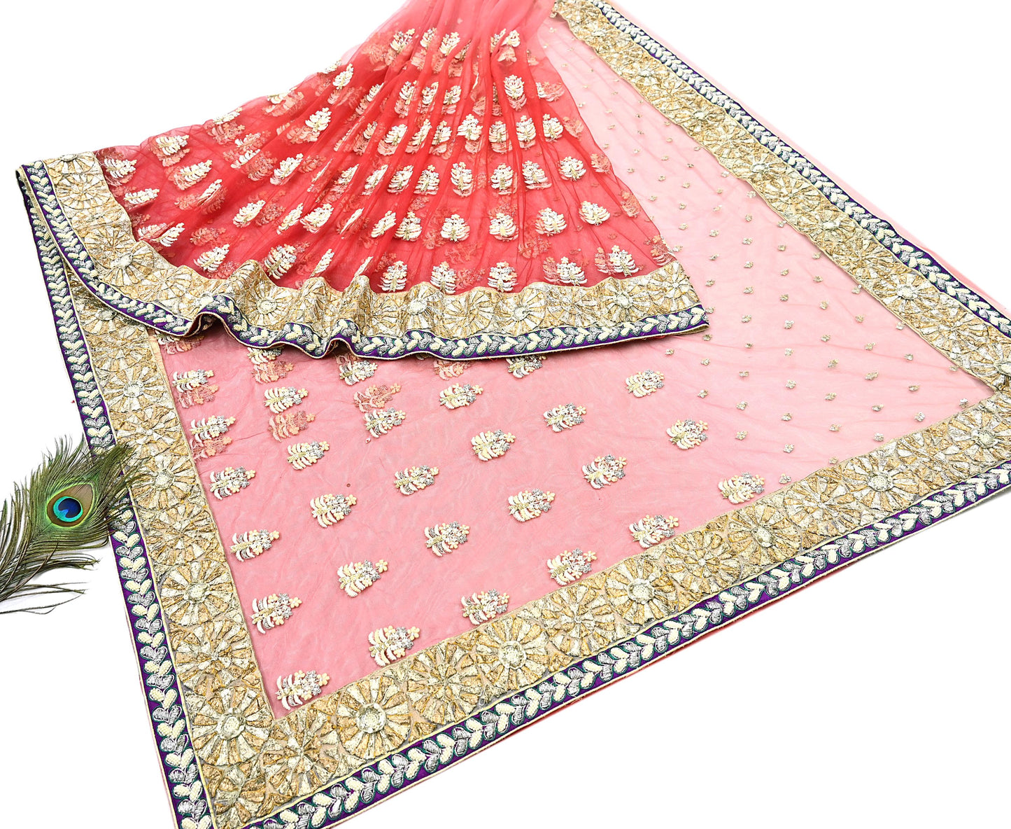 Indian Pre-Owned Sari Red & Peach Net/Mesh Hand Embroidered Designer Manish Malhotra Sarees 5Yd Ethnic Zardozi/Dabka Zari Wedding Saree