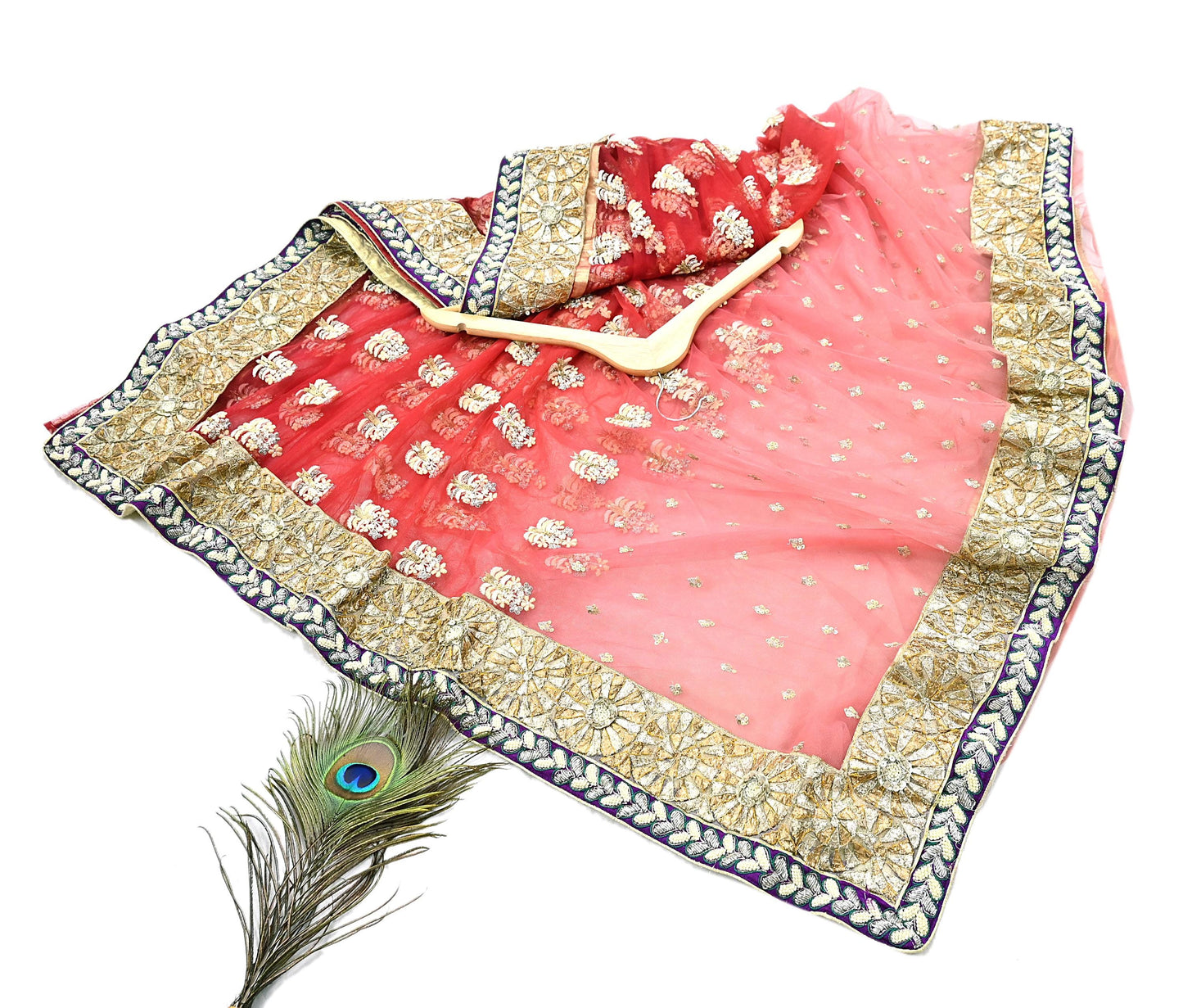 Indian Pre-Owned Sari Red & Peach Net/Mesh Hand Embroidered Designer Manish Malhotra Sarees 5Yd Ethnic Zardozi/Dabka Zari Wedding Saree