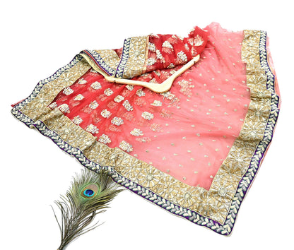 Indian Pre-Owned Sari Red & Peach Net/Mesh Hand Embroidered Designer Manish Malhotra Sarees 5Yd Ethnic Zardozi/Dabka Zari Wedding Saree