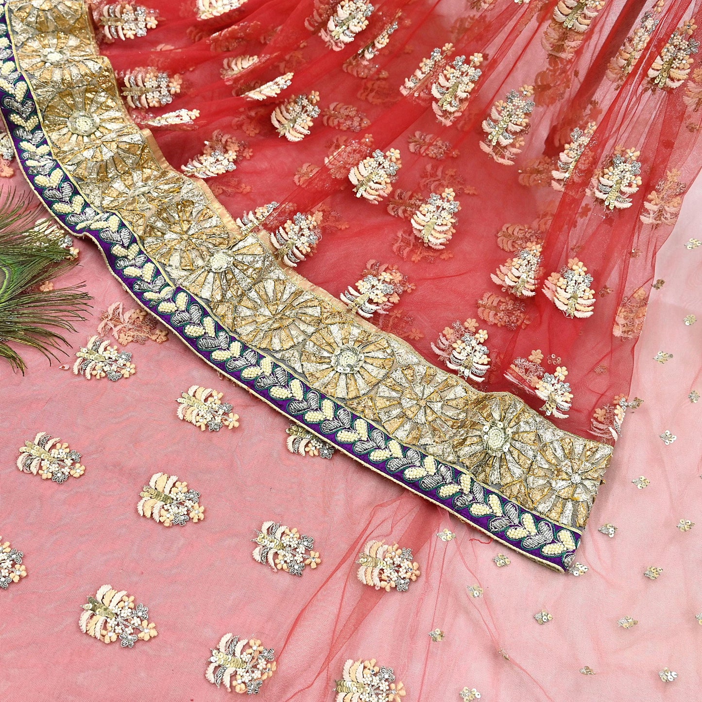 Indian Pre-Owned Sari Red & Peach Net/Mesh Hand Embroidered Designer Manish Malhotra Sarees 5Yd Ethnic Zardozi/Dabka Zari Wedding Saree