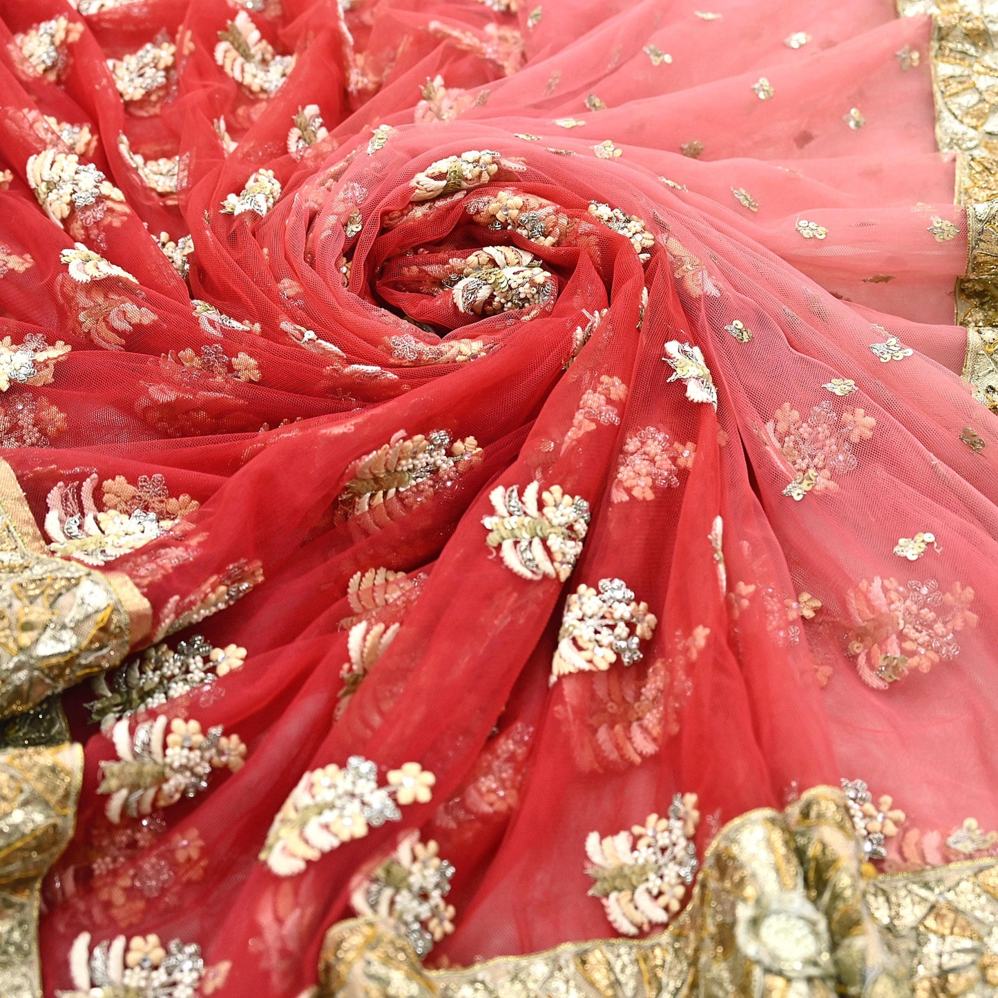Indian Pre-Owned Sari Red & Peach Net/Mesh Hand Embroidered Designer Manish Malhotra Sarees 5Yd Ethnic Zardozi/Dabka Zari Wedding Saree