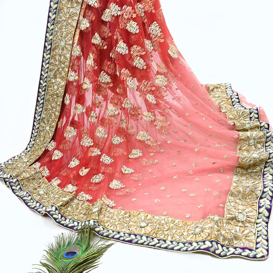 Indian Pre-Owned Sari Red & Peach Net/Mesh Hand Embroidered Designer Manish Malhotra Sarees 5Yd Ethnic Zardozi/Dabka Zari Wedding Saree