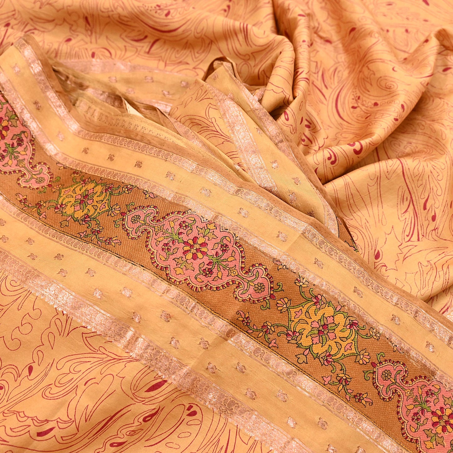 Vintage Saffron Pure Silk Saree Indian Printed Silk Fabric 6 Yards Boho Craft Material for Sewing, Quilting, Dressmaking, Upcycling