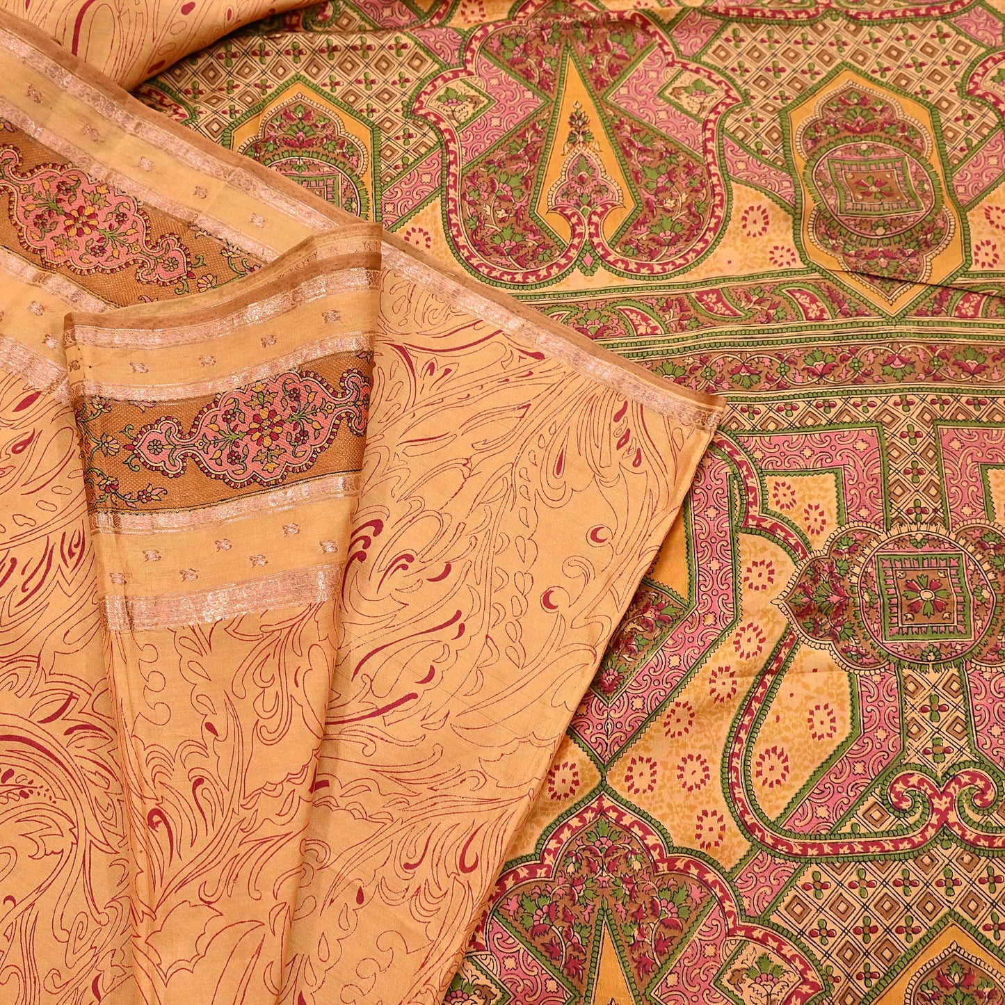 Vintage Saffron Pure Silk Saree Indian Printed Silk Fabric 6 Yards Boho Craft Material for Sewing, Quilting, Dressmaking, Upcycling