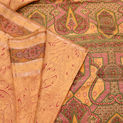 Vintage Saffron Pure Silk Saree Indian Printed Silk Fabric 6 Yards Boho Craft Material for Sewing, Quilting, Dressmaking, Upcycling