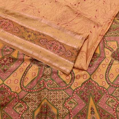 Vintage Saffron Pure Silk Saree Indian Printed Silk Fabric 6 Yards Boho Craft Material for Sewing, Quilting, Dressmaking, Upcycling