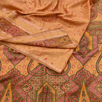 Vintage Saffron Pure Silk Saree Indian Printed Silk Fabric 6 Yards Boho Craft Material for Sewing, Quilting, Dressmaking, Upcycling