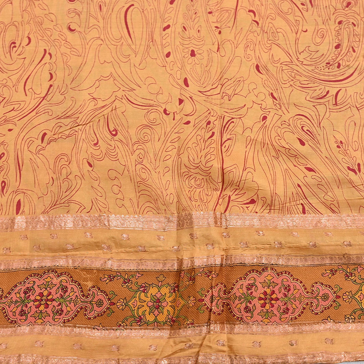 Vintage Saffron Pure Silk Saree Indian Printed Silk Fabric 6 Yards Boho Craft Material for Sewing, Quilting, Dressmaking, Upcycling
