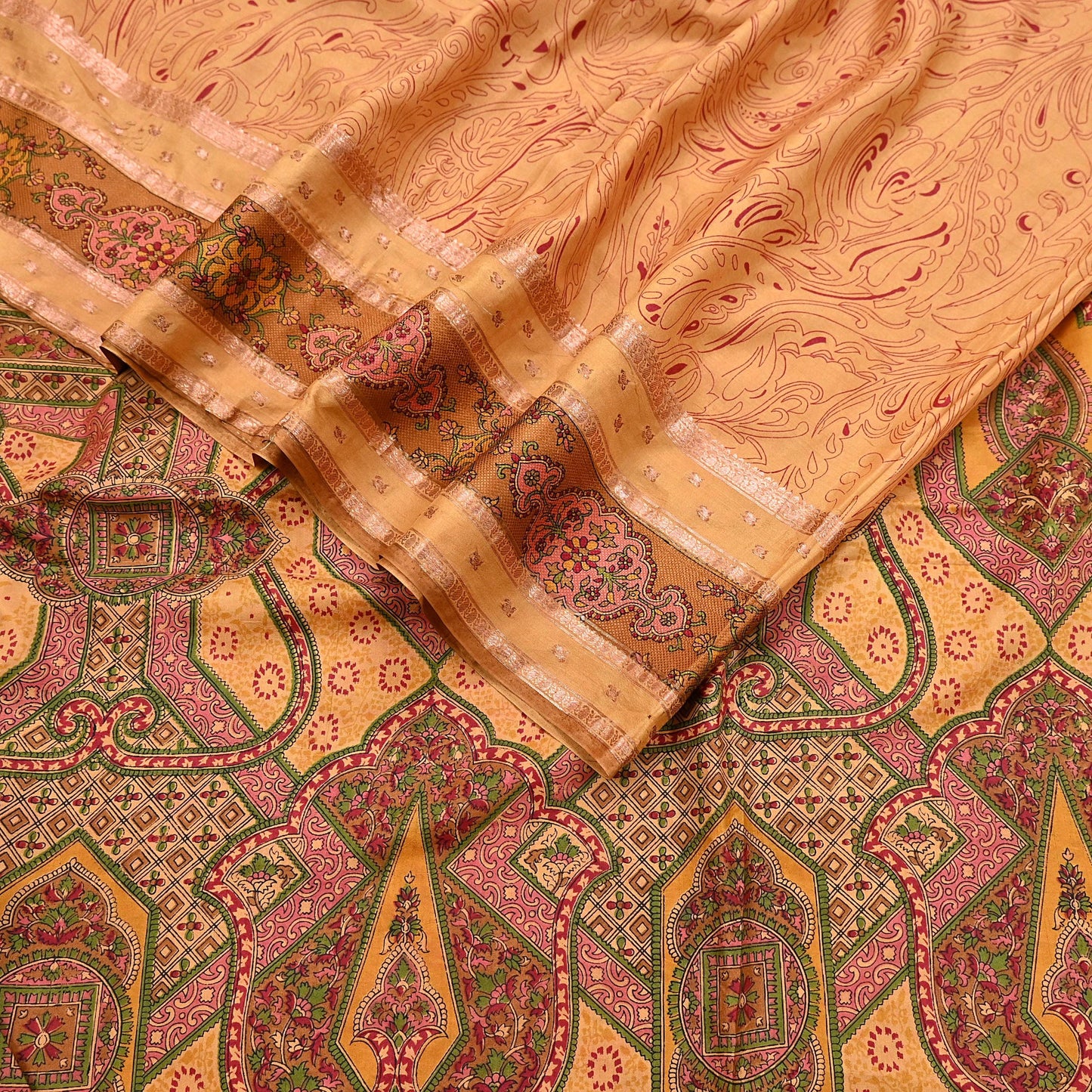 Vintage Saffron Pure Silk Saree Indian Printed Silk Fabric 6 Yards Boho Craft Material for Sewing, Quilting, Dressmaking, Upcycling
