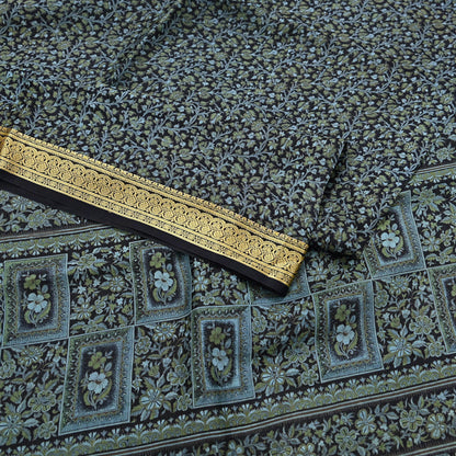 Indian Vintage Sari Black 100% Pure Silk Printed Sarees 5yd Sewing Craft Fabric Dress Making Soft Woven Border Upcycle Quilting