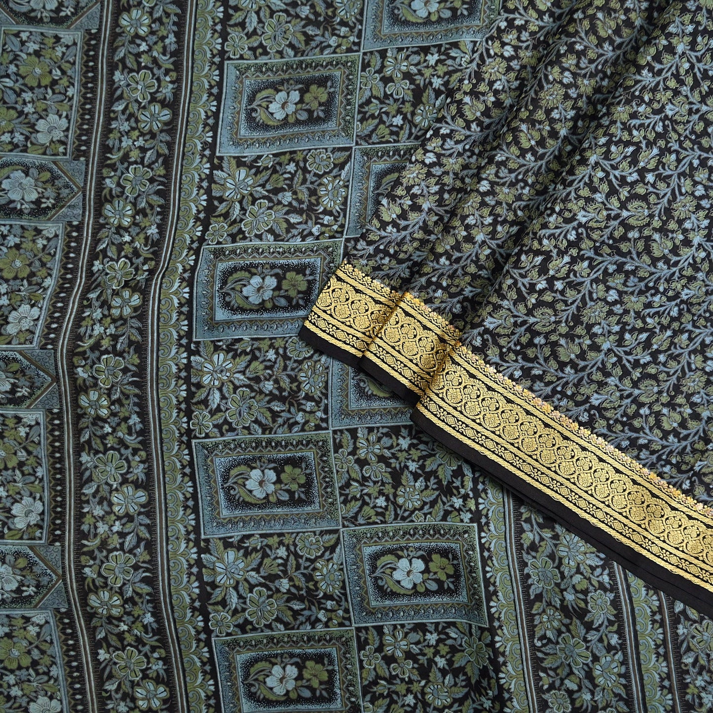 Indian Vintage Sari Black 100% Pure Silk Printed Sarees 5yd Sewing Craft Fabric Dress Making Soft Woven Border Upcycle Quilting