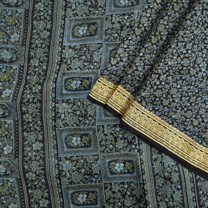 Indian Vintage Sari Black 100% Pure Silk Printed Sarees 5yd Sewing Craft Fabric Dress Making Soft Woven Border Upcycle Quilting