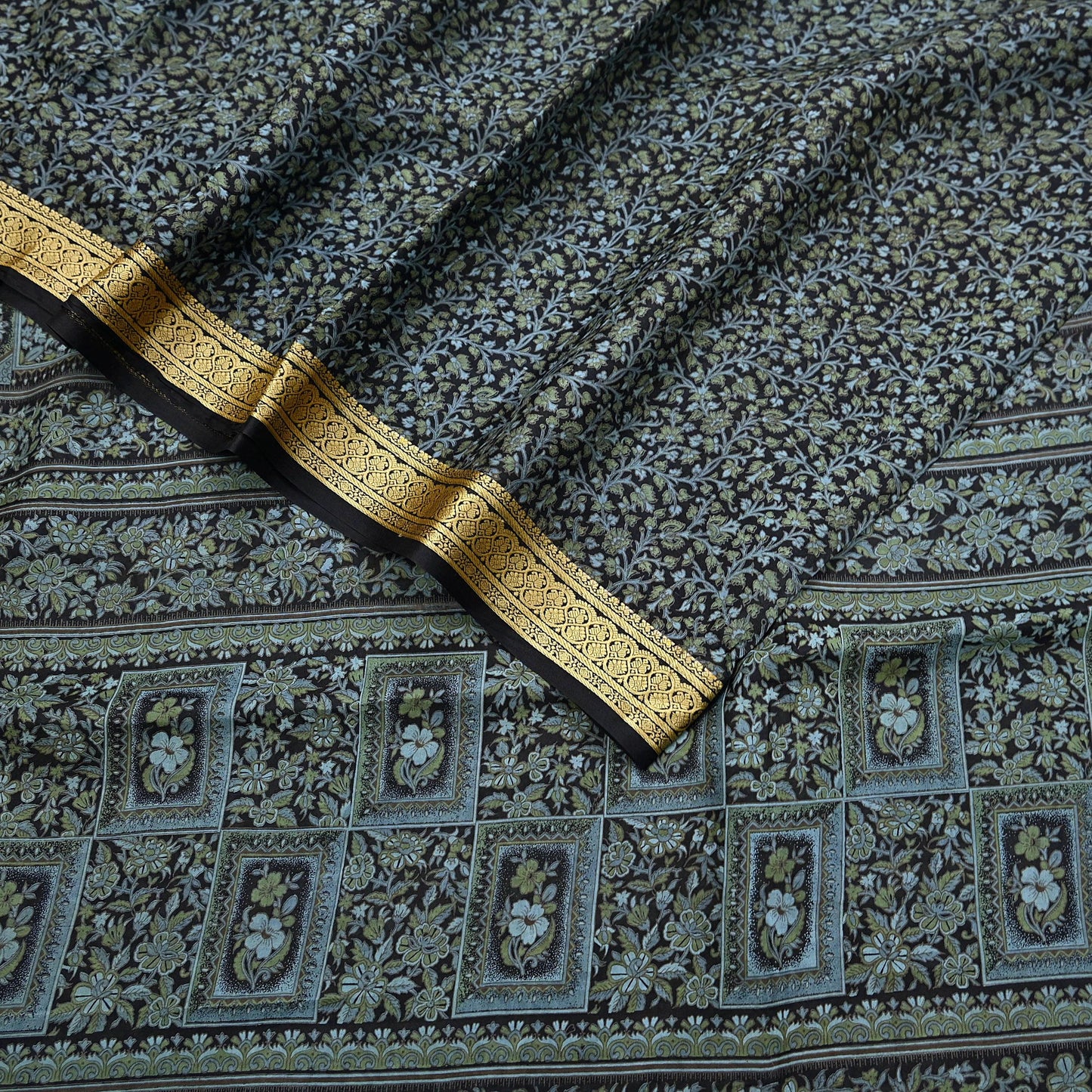 Indian Vintage Sari Black 100% Pure Silk Printed Sarees 5yd Sewing Craft Fabric Dress Making Soft Woven Border Upcycle Quilting