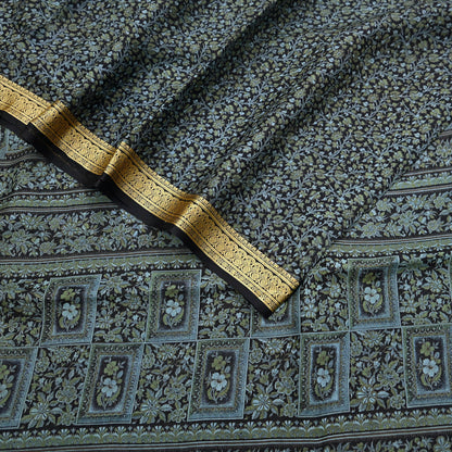 Indian Vintage Sari Black 100% Pure Silk Printed Sarees 5yd Sewing Craft Fabric Dress Making Soft Woven Border Upcycle Quilting