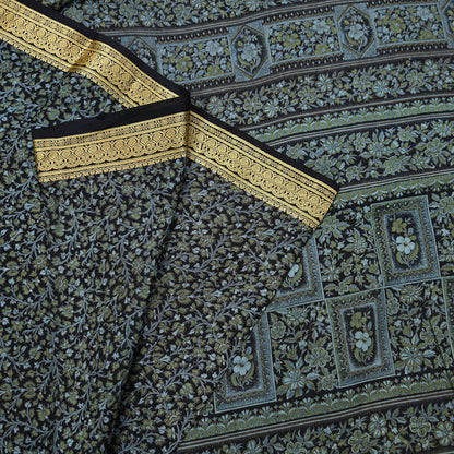 Indian Vintage Sari Black 100% Pure Silk Printed Sarees 5yd Sewing Craft Fabric Dress Making Soft Woven Border Upcycle Quilting