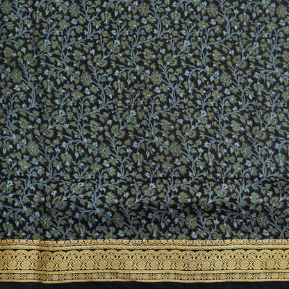 Indian Vintage Sari Black 100% Pure Silk Printed Sarees 5yd Sewing Craft Fabric Dress Making Soft Woven Border Upcycle Quilting