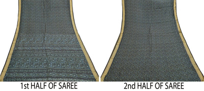 Indian Vintage Sari Black 100% Pure Silk Printed Sarees 5yd Sewing Craft Fabric Dress Making Soft Woven Border Upcycle Quilting