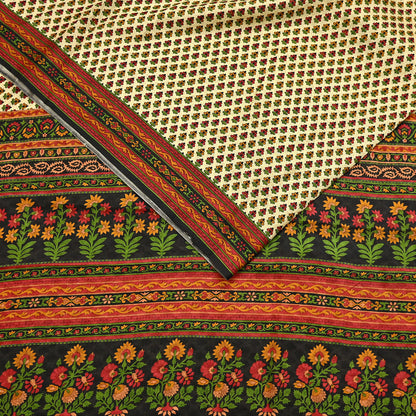 Indian Vintage Sari Beige & Black 100% Pure Silk Printed Saree Craft Fabric 5yd Sewing Dress Making Soft Wrap Quilting Crafting Upcycle