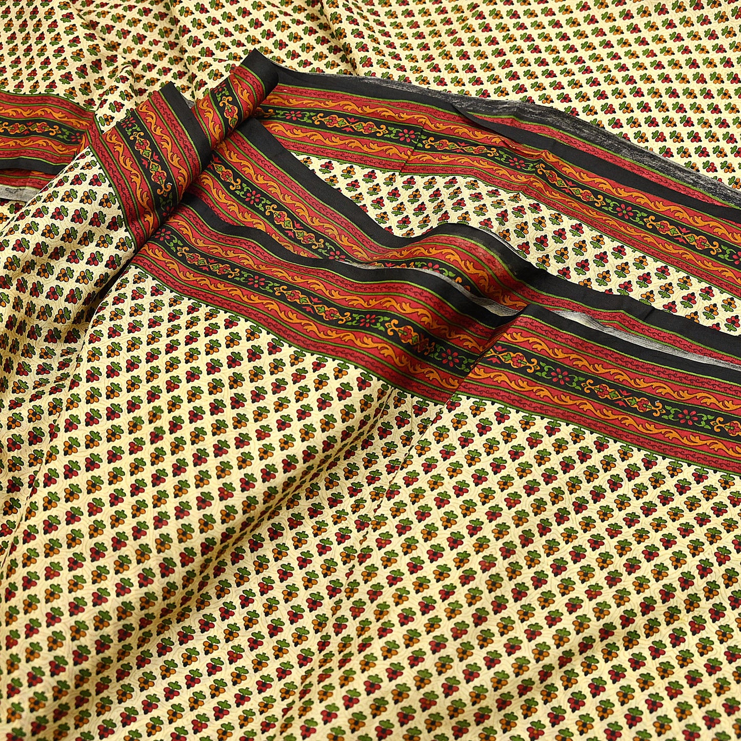 Indian Vintage Sari Beige & Black 100% Pure Silk Printed Saree Craft Fabric 5yd Sewing Dress Making Soft Wrap Quilting Crafting Upcycle