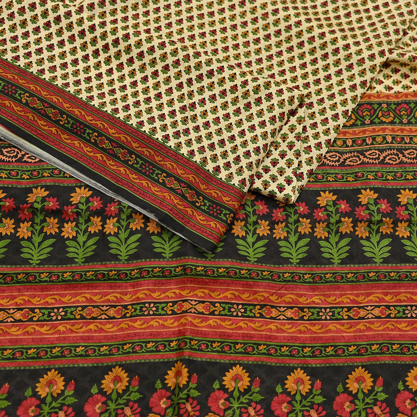 Indian Vintage Sari Beige & Black 100% Pure Silk Printed Saree Craft Fabric 5yd Sewing Dress Making Soft Wrap Quilting Crafting Upcycle