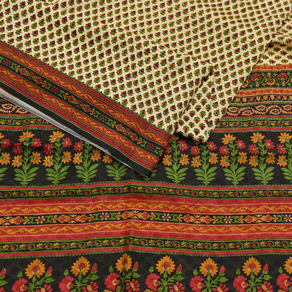Indian Vintage Sari Beige & Black 100% Pure Silk Printed Saree Craft Fabric 5yd Sewing Dress Making Soft Wrap Quilting Crafting Upcycle