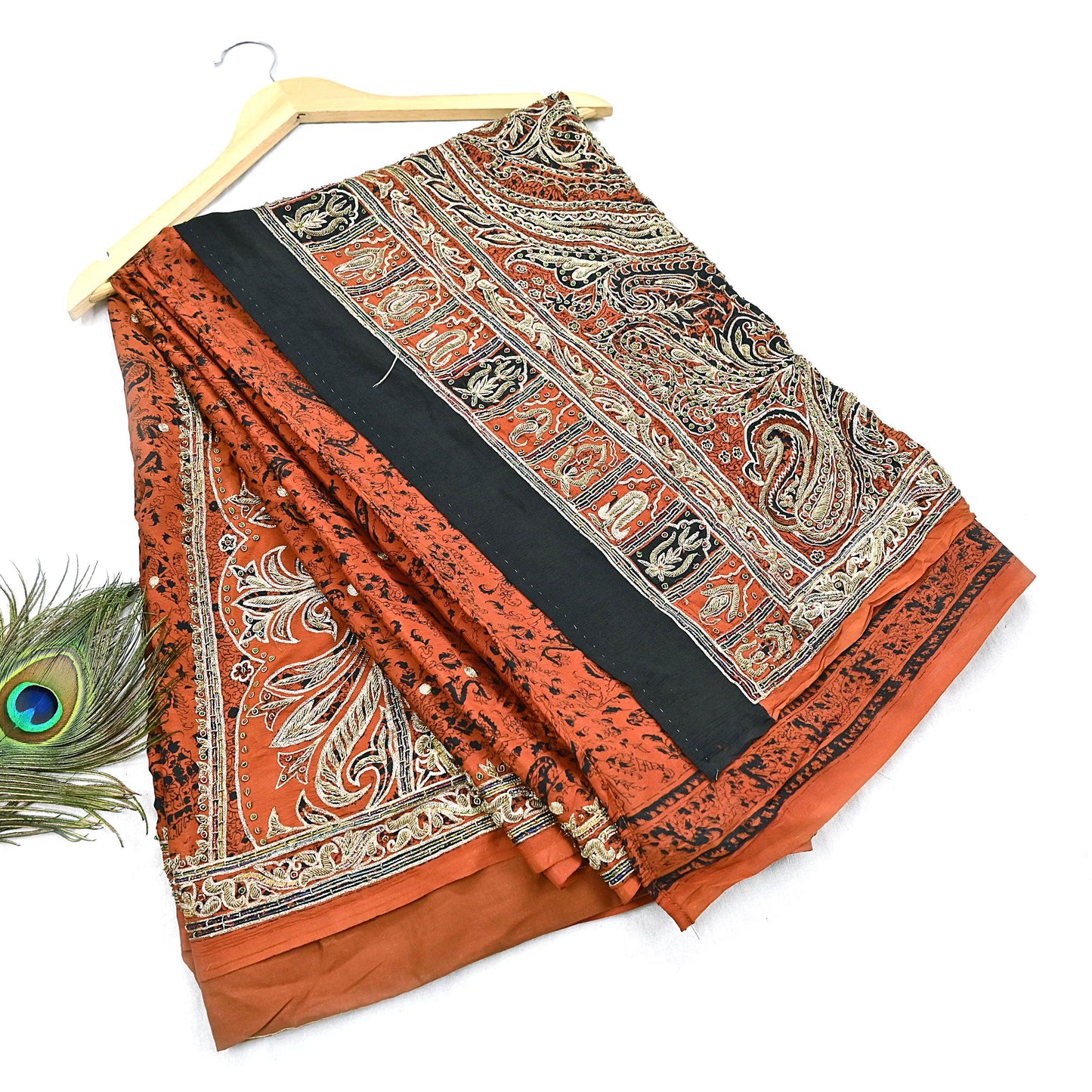 Indian Pre-Owned Sari Black Pure Crepe Silk Pre-owned Hand Embroidered Ritu Kumar Designer Sarees Fabric 5Yd Ethnic Bollywood Party sari