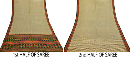 Indian Vintage Sari Beige & Black 100% Pure Silk Printed Saree Craft Fabric 5yd Sewing Dress Making Soft Wrap Quilting Crafting Upcycle
