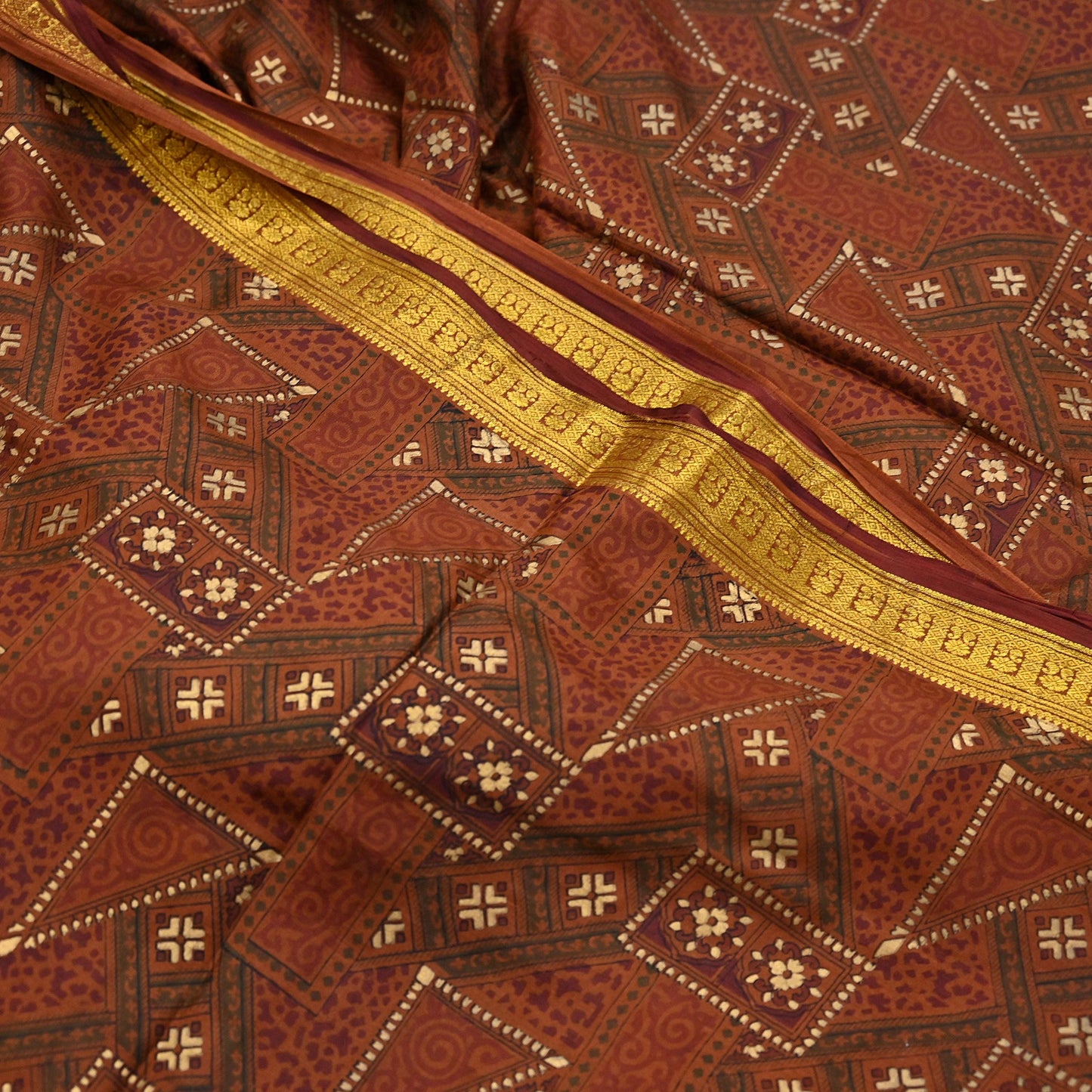 Indian Vintage Sari Brown 100% Pure Silk Printed Saree Craft Fabric 6yd Sewing Dress Making Soft Wrap Quilting Crafting Upcycle