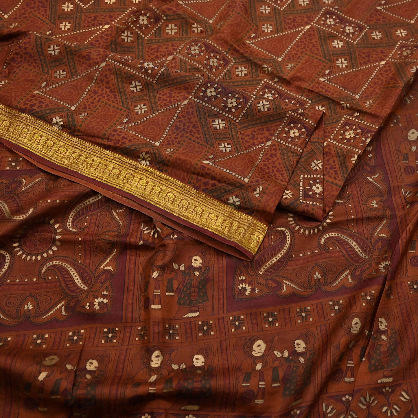 Indian Vintage Sari Brown 100% Pure Silk Printed Saree Craft Fabric 6yd Sewing Dress Making Soft Wrap Quilting Crafting Upcycle