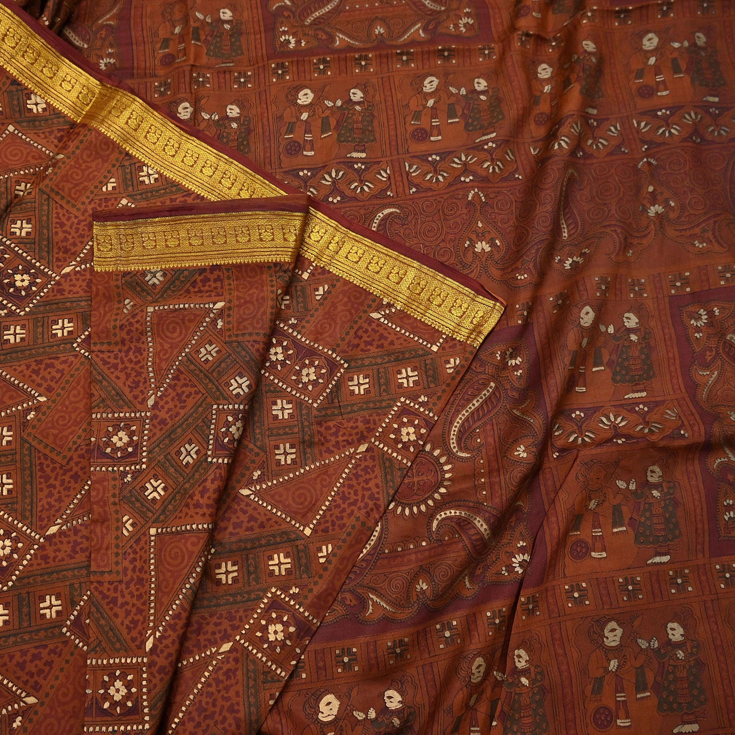 Indian Vintage Sari Brown 100% Pure Silk Printed Saree Craft Fabric 6yd Sewing Dress Making Soft Wrap Quilting Crafting Upcycle