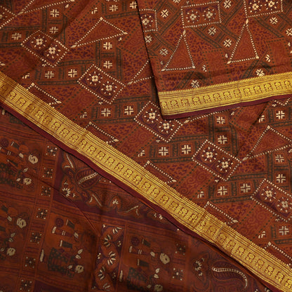 Indian Vintage Sari Brown 100% Pure Silk Printed Saree Craft Fabric 6yd Sewing Dress Making Soft Wrap Quilting Crafting Upcycle