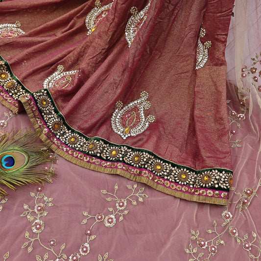 Indian Heavy Sari purple & green Net/Mesh Hand Embroidered Designer Sabyasachi Lehenga Sarees 6yd Ethnic Dabka Zari