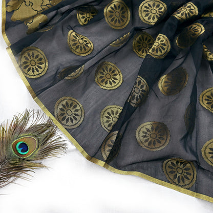 Indian Vintage Black Dupatta Organza Long Stole woven Scarves Veil Soft Floral Design Wrap Boho Party wear