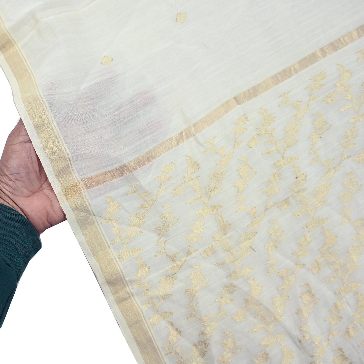 Indian Vintage Ivory Dupatta Long Stole Pure Silk Hand Woven Scarves Veil Scarf Wrap Floral Zari Fringes