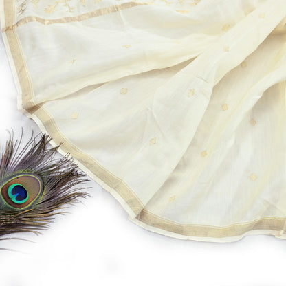 Indian Vintage Ivory Dupatta Long Stole Pure Silk Hand Woven Scarves Veil Scarf Wrap Floral Zari Fringes
