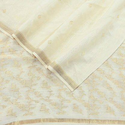 Indian Vintage Ivory Dupatta Long Stole Pure Silk Hand Woven Scarves Veil Scarf Wrap Floral Zari Fringes