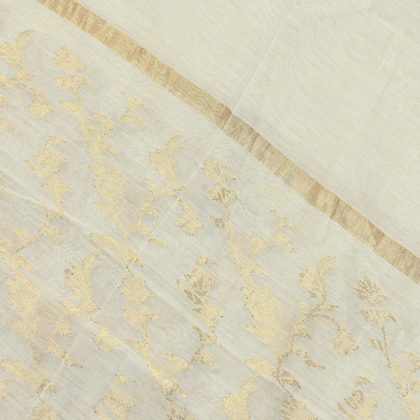 Indian Vintage Ivory Dupatta Long Stole Pure Silk Hand Woven Scarves Veil Scarf Wrap Floral Zari Fringes