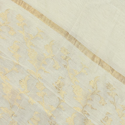 Indian Vintage Ivory Dupatta Long Stole Pure Silk Hand Woven Scarves Veil Scarf Wrap Floral Zari Fringes