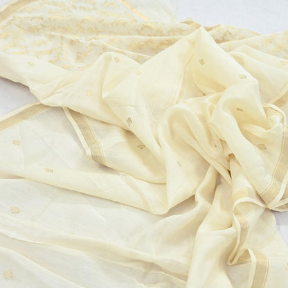 Indian Vintage Ivory Dupatta Long Stole Pure Silk Hand Woven Scarves Veil Scarf Wrap Floral Zari Fringes
