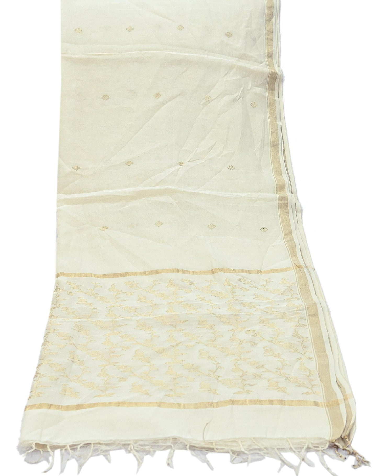 Indian Vintage Ivory Dupatta Long Stole Pure Silk Hand Woven Scarves Veil Scarf Wrap Floral Zari Fringes